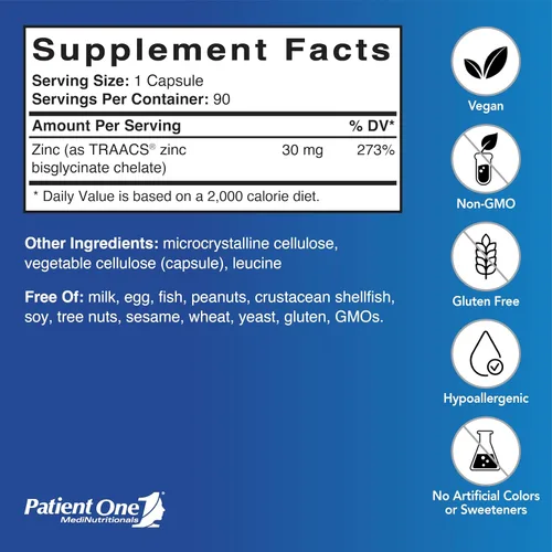 Vista 2 de Patient One Glicinato de zinc 30 mg Suplemento para apoyar la salud del sistema inmunológico* Absorción mejorada de zinc 90 cápsulas