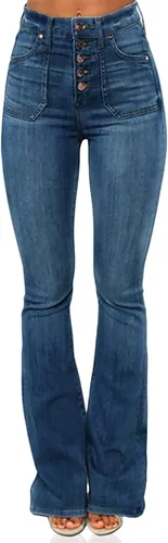 Vista 2 de Women's Retro Style Skinny Bell Bottom Jeans Classic High Rise Button Fly Flare Jean