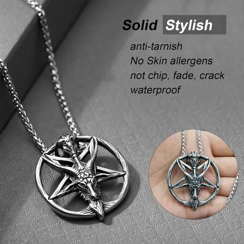 Vista 5 de Collar satánico, cabeza de cabra invertida, pentagrama invertido, pentáculo de acero inoxidable, collar de baphomet, cadena colgante, regalo