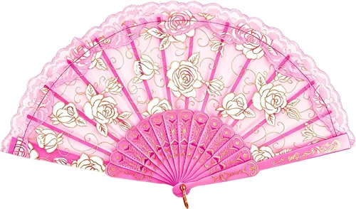 Vista 16 de TrendBox - Abanico chino de mano en encaje de rosas, diseño elegante vintage retro, plegable, para damas, para bailes de bola, 1 juego (10 colores)