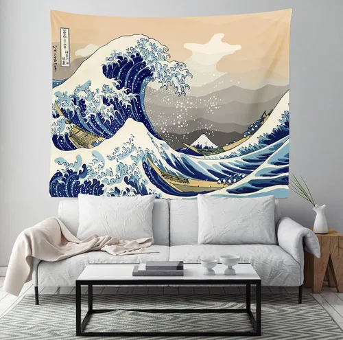 Vista 2 de CORFOTO Tapiz retro de 60 x 40 pulgadas, prefectura japonesa de Kanagawa, tapiz de ondas japonesas antiguas, tapices de estilo japonés