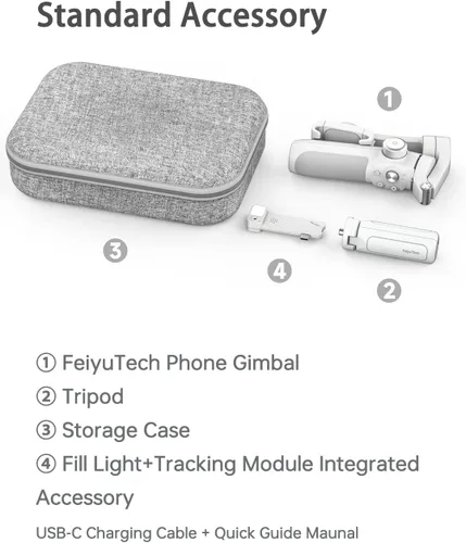 Vista 16 de FeiyuTech VB4 Kit de 3 ejes Smartphone Gimbal – Barra de extensión integrada de 8.5 pulgadas, seguimiento facial AI y luz de relleno, funda
