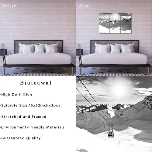 Vista 6 de Biuteawal 3 piezas de arte de pared de invierno en blanco y negro para remonte al sol, imágenes en lienzo, pintura de paisaje de montaña de nieve