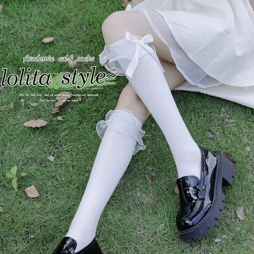 Vista 3 de SRYL Calcetines altos de algodón para mujer y niña con encaje con volantes, calcetines de pantorrilla, estilo lazo..
