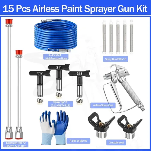 Vista 2 de Kit de pistola pulverizadora de pintura sin aire de 16 piezas, pistola de pulverización profesional de 3600 PSI con manguera de 25 pies, 3 puntas