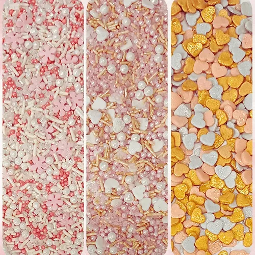 Vista 8 de Confect Mezcla de chispas de perlas rosas, plateadas, doradas y blancas, decoraciones comestibles para hornear para pasteles, cupcakes, galletas