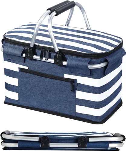 Vista 9 de Cesta de picnic aislada, bolsa enfriadora plegable, cesta de comestibles de 32 litros con tapa, 2 asas resistentes, cesta de almacenamiento