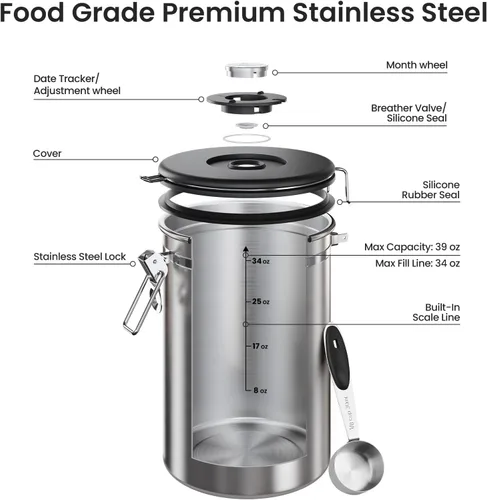 Vista 18 de Veken - Recipiente hermético para café de acero inoxidable, contenedor de almacenamiento de alimentos para la cocina con registro de fecha y cuchara