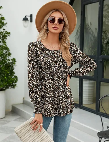 Vista 3 de LOMON Blusa de verano para mujer, manga largacorta, plisada, cuello redondo, blusas casuales sueltas