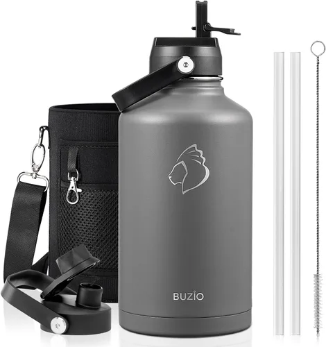 Vista 56 de BUZIO Botella de agua aislada de 24 oz, frasco de agua de boca ancha de acero inoxidable con tapa de pajita, frío durante 48 horas a prueba de Negro