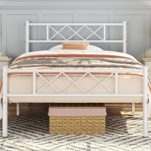 Vista 11 de Topeakmart Base de cama de metal negro con cabecero, base de colchón, cama de plataforma, base de cama con listones, tamaño individual XL