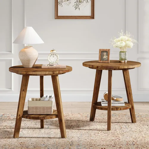 Vista 12 de Mesa de noche redonda de madera maciza, mesa auxiliar para sofá con estante de almacenamiento, mesita de noche de estilo granja para sala de estar