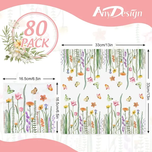 Vista 2 de AnyDesign Paquete de 80 servilletas de almuerzo florales de primavera, desechables, de papel, servilletas decorativas, mariposas, flores, postre