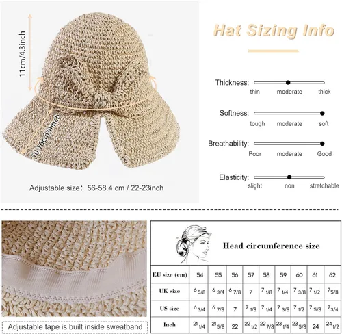 Vista 4 de Sombrero plegable de ala ancha con pajilla, sombrero de verano con lazo para mujeres y niñas, correa ajustable