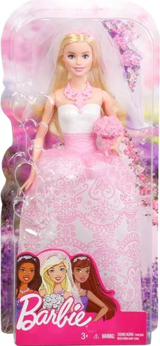 Vista 3 de Barbie Conjunto de ropa y accesorios de muñeca nupcial, novia rubia en vestido de novia blanco y rosa inspirado en la fantasía con anillo, velo