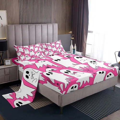 Vista 18 de Feelyou Juego de sábanas de fantasma negro para niños y niñas, tamaño individual, juego de sábanas de fantasma de calavera para niños, mujeres