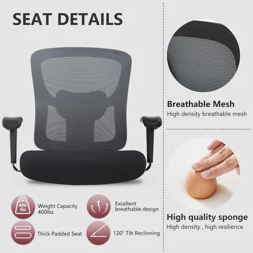 Vista 6 de Silla de oficina grande y alta, silla de escritorio de 400 libras, silla de computadora de malla con soporte lumbar, asiento ancho, brazos