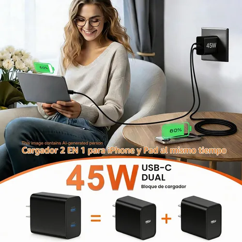 Vista 4 de Cargador dual tipo C de 45 W de carga rápida para Samsung, PD 3.0 GaN bloque de cargador de teléfono Android súper rápido con cable USB C largo
