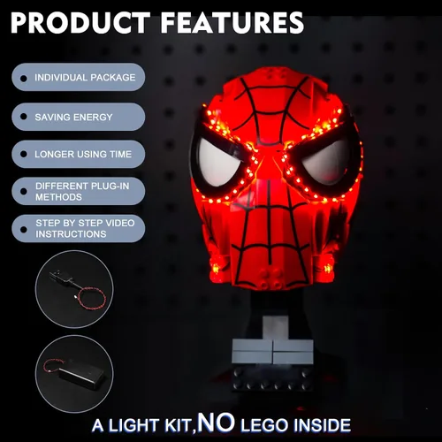 Vista 4 de BrickBling Luz LED compatible con la máscara Lego Spider-Man 76285 (solo luces), nueva iluminación 2024 compatible con máscara Lego, ilumina tu