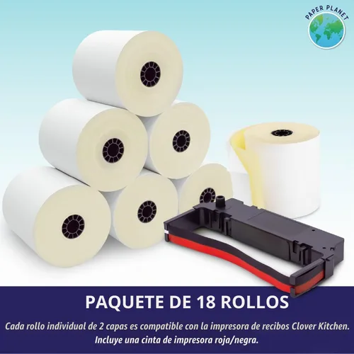 Vista 2 de PaperPlanet - Papel de 2 capas para impresora de cocina Clover 18 rollos y 1 cinta Papel autocopiativo de 2 capas, compatible con la impresora