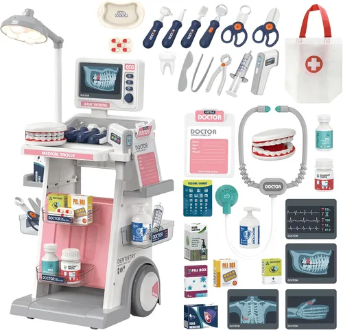 Vista 8 de RedCrab Kit de Doctor para Niños, Juego de Doctores para Niños de 32 Piezas con Carrito Médico, Estetoscopio, Termómetro y Jeringa, Juguete de Juego