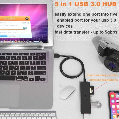 Vista 8 de TSUPY Hub 3.0 Splitter, TSUPY USB 3.0 Hub Multi USB adaptador expansor de puerto con cable de 4 pies, lector de tarjetas SD/TF y 3 puertos USB 3.0