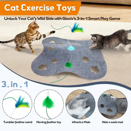 Vista 3 de Giociv Juguetes interactivos para gatos de interior, juguetes de ejercicio giratorio con base de plumas, modo de activación táctil, cubierta