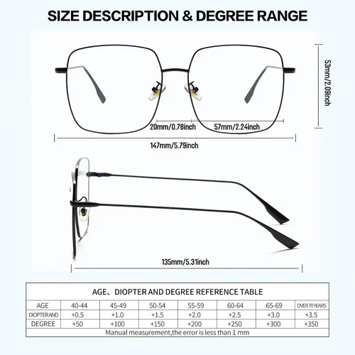 Vista 3 de Oversized Square Reader Glasses for Women/Men, Blue Light Blocking Glasses, Large Metal Frame Readers with UV400 Protection