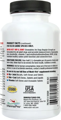 Vista 8 de Nutri-Vet Suplementos para perros de fuerza regular para cadera y articulaciones, formulados con glucosamina condroitina, suministros para mascotas