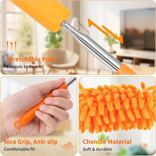 Vista 5 de Mini Plumero para Limpieza, Plumero de Mano Flexible de 360° con Poste Extensible, Plumero Pequeño Lavable para Interior de Coche, Oficina, Muebles