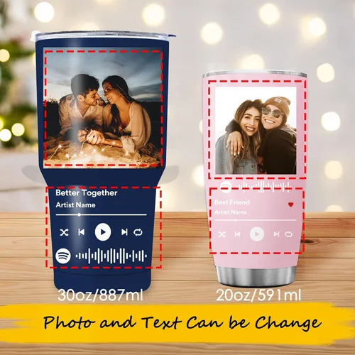 Vista 2 de Vaso personalizado con imágenes, vasos para amantes de la música con tapa, regalo personalizado para mejor amiga, novia, novio, 20 onzas, taza