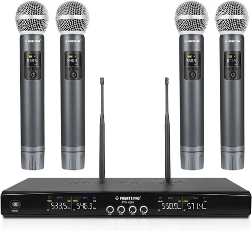 Vista 2 de Phenyx Pro Juego de micrófono inalámbrico de 4 canales PTU-5200-4H incluido con cable de serpiente de 10 pies