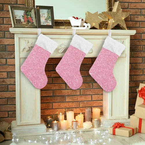 Vista 6 de Qilmy Medias de Navidad rosas personalizadas, medias de Navidad grandes de 18 pulgadas para vacaciones, decoración de fiestas familiares, regalos
