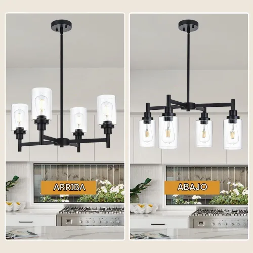 Vista 5 de Lámpara de araña de cristal de 4 luces estilo granja, negra, para cocina, iluminación colgante con cilindro de cristal transparente para comedor
