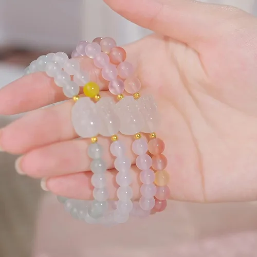 Vista 5 de Pulseras de oro de 18K con cuentas de calcedonia, pulsera con amuleto Pixiu, pulsera elástica natural con cuentas redondas de calcedonia