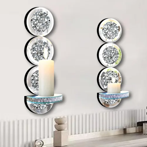 Vista 5 de ZOLAPI Juego de 2 candelabros de cristal con diamantes triturados, espléndido candelabro de pared con espejo plateado redondo, candelabros de vela
