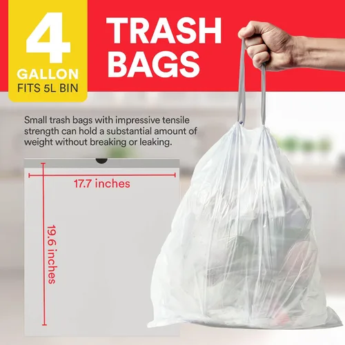 Vista 2 de Bolsas de basura pequeñas de 4 galones con cordón, 57 bolsas de basura pequeñas blancas sin perfume, bolsas de basura de plástico, suministros