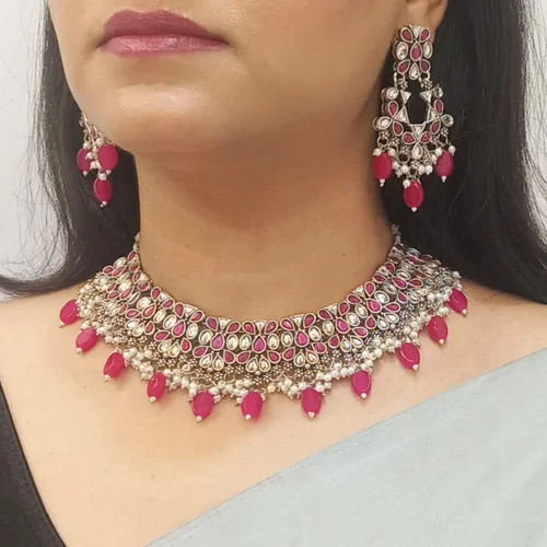 Vista 3 de Efulgenz Jewelry Sets for Women Necklace Earrings and Maangtikka Bohemian Indian Oxidized Vintage Bridal Sets Faux Pearl Kundan Choker Necklace
