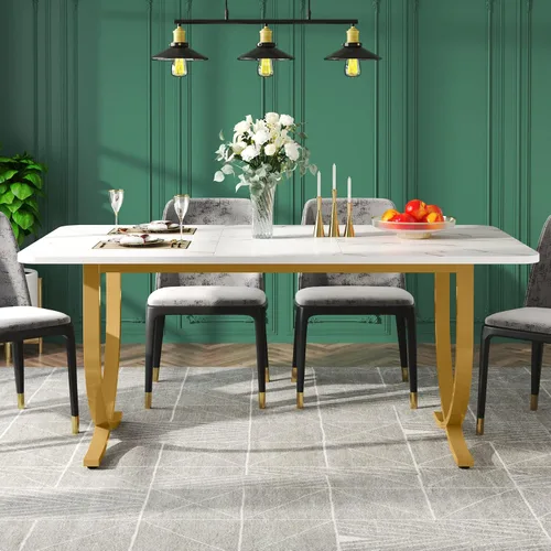 Vista 8 de LITTLE TREE Mesa de comedor, mesa de cocina con tablero de mármol sintético y patas de metal dorado Blanco & Oro