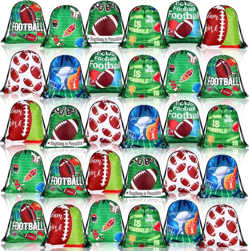 Vista 8 de Woanger 16 bolsas de fiesta de fútbol, 8 estilos con cordón, bolsas de regalo de fútbol con estampado de tela, dulces, aperitivos, mochilas