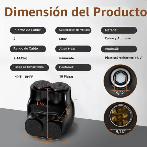 Vista 2 de Joinfworld Conector de Derivación Múltiple Aislado de 2 Puertos 2-14AWG Conectores de Cable de Aluminio a Cobre Conectores de Cable Eléctrico Negro