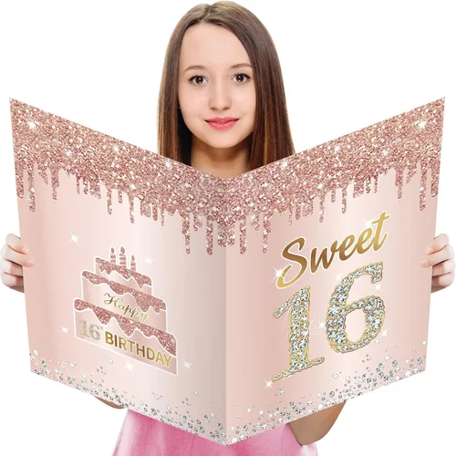 Vista 9 de Tarjeta grande de cumpleaños de 15 años con sobre, tarjeta de feliz cumpleaños 15 jumbo para niña, tarjetas de felicitación extra grandes para libro