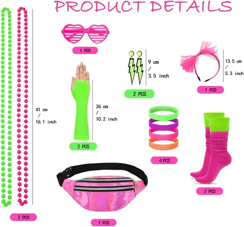 Vista 7 de Xintorch Accesorios de los años 80 para mujer, calcetines de neón de los años 80, riñonera holográfica de encaje, diadema, aretes, guantes de red