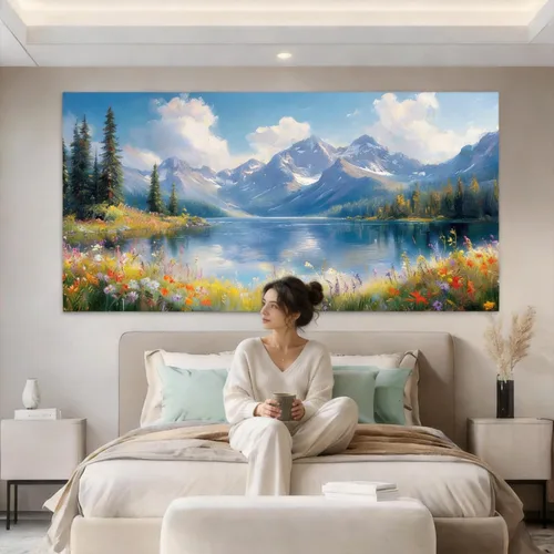 Vista 4 de Inzlove Large Canvas Wall Art 48" L x 24" W - Snow Mountain Lake Landscape Painting, Meadow Wildflowers Art Print, Rustic Farmhouse Decor for Living