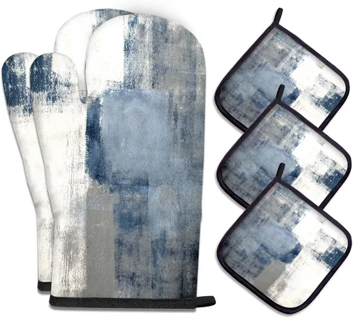 Vista 15 de MCALK Juego de 5 manoplas de horno y soportes para ollas, guantes abstractos para horno y almohadillas calientes para cocina de cocina, manoplas