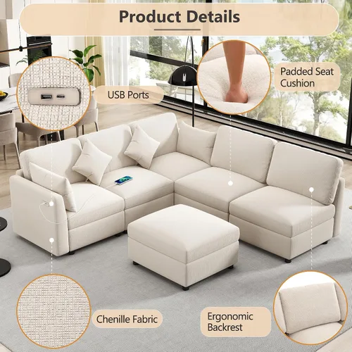 Vista 5 de Sofá modular en forma de U de 86.6 pulgadas, sofá cama en forma de L con una otomana móvil y dos puertos USB para sala de estar (beige)