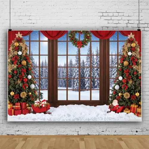 Vista 2 de Telón de fondo de ventana de Navidad de 5 x 3 pies para sesión de fotos, fondo de bosque de nieve de invierno para fotografía, árbol de Navidad