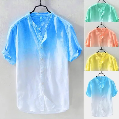 Vista 5 de Camisa de manga corta casual cuello transpirable teñido degradado algodón blusa Tops