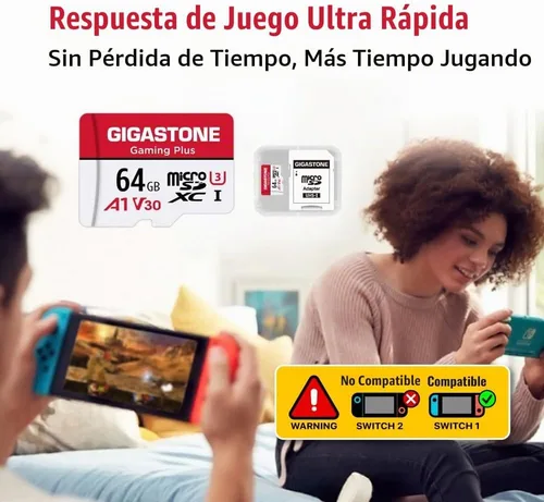 Vista 5 de 【Solo para Switch 1】 Gigastone: 2 unidades de tarjeta Micro SD de 64 GB, Gaming Plus, tarjeta de memoria MicroSDXC para Nintendo-Switch, grabación