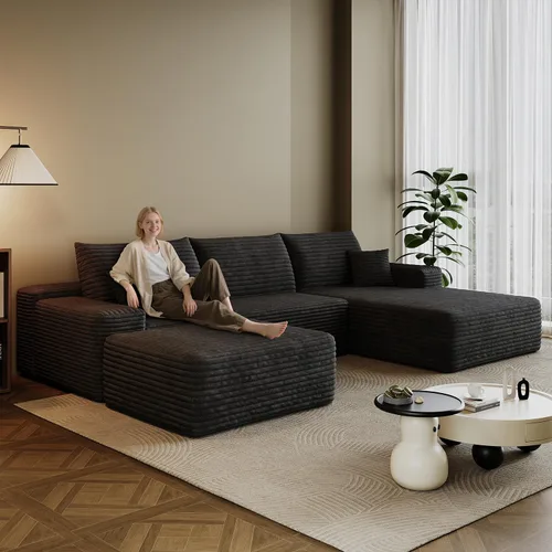 Vista 26 de Sofá modular en forma de L de 96 pulgadas con diván, moderno y cómodo sofá de pana para sala de estar, sofá de espuma viscoelástica, no requiere